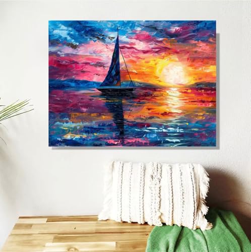 Malen Nach Zahlen Erwachsene Groß 120x90cm,Sonnenuntergang Malen Nach Zahlen Boot DIY Handgemalt Ölgemälde Leinwand Paint by Numbers Kit Mit Pinseln Acrylfarbe Geschenke für Frauen(Mit Rahmen) M-344 von Anmiong