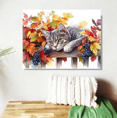 Malen Nach Zahlen Erwachsene Groß 40x50cm, Herbst Malen Nach Zahlen Katze DIY Handgemalt Ölgemälde Leinwand Paint by Numbers Kit Mit Pinseln und Acrylfarbe Geschenke für Frauen (Mit Rahmen ) M-474 von Anmiong