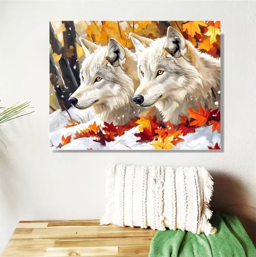 Malen Nach Zahlen Erwachsene Groß 40x50cm, Herbst Malen Nach Zahlen Wolf DIY Handgemalt Ölgemälde Leinwand Paint by Numbers Kit Mit Pinseln und Acrylfarbe Geschenke für Frauen (Mit Rahmen ) M-471 von Anmiong