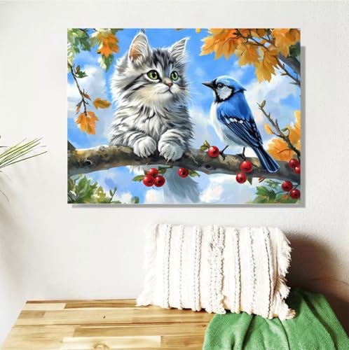 Malen Nach Zahlen Erwachsene Groß 40x50cm, Katze Malen Nach Zahlen Baum DIY Handgemalt Ölgemälde Leinwand Paint by Numbers Kit Mit Pinseln und Acrylfarbe Geschenke für Frauen (Mit Rahmen ) M-408 von Anmiong