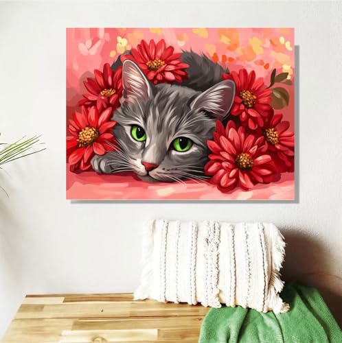 Malen Nach Zahlen Erwachsene Groß 40x50cm, Katze Malen Nach Zahlen Blume DIY Handgemalt Ölgemälde Leinwand Paint by Numbers Kit Mit Pinseln und Acrylfarbe Geschenke für Frauen (Mit Rahmen ) M-398 von Anmiong