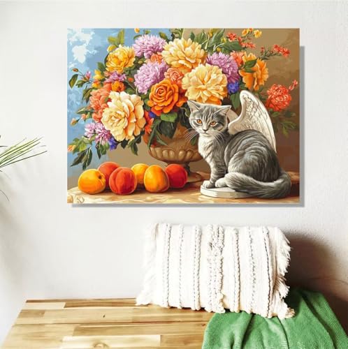 Malen Nach Zahlen Erwachsene Groß 40x50cm, Katze Malen Nach Zahlen Blume DIY Handgemalt Ölgemälde Leinwand Paint by Numbers Kit Mit Pinseln und Acrylfarbe Geschenke für Frauen (Mit Rahmen ) M-399 von Anmiong