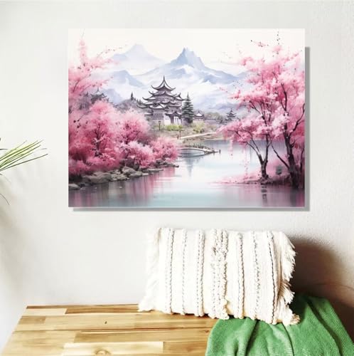 Malen Nach Zahlen Erwachsene Groß 40x50cm,Japan Malen Nach Zahlen Kirschblüten DIY Handgemalt Ölgemälde Leinwand Paint by Numbers Kit Mit Pinseln und Acrylfarbe Geschenke für Frauen (Mit Rahmen) M-504 von Anmiong