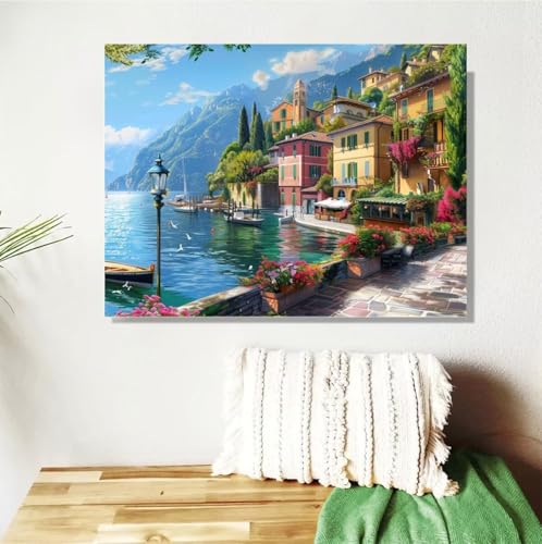 Malen Nach Zahlen Erwachsene Groß 40x50cm,Landschaft Malen Nach Zahlen Italien DIY Handgemalt Ölgemälde Leinwand Paint by Numbers Kit Mit Pinseln und Acrylfarbe Geschenke für Frauen (Mit Rahmen) M-176 von Anmiong