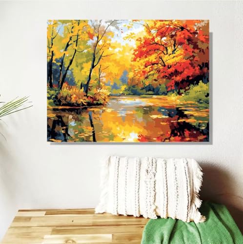 Malen Nach Zahlen Erwachsene Herbst Malen Nach Zahlen Baum Paint by Numbers DIY Handgemalt Ölgemälde Leinwand Bastelset Kit mit 3-Pinseln und Acrylfarben, Zimmer Deko Geschenk 50x70cm Mit Rahmen M-481 von Anmiong