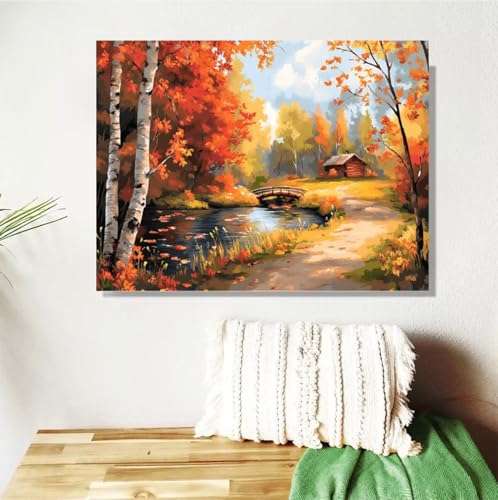 Malen Nach Zahlen Erwachsene Herbst Malen Nach Zahlen Landschaft Paint by Numbers DIY Handgemalt Ölgemälde Leinwand Bastelset Kit mit Pinseln Acrylfarben,Zimmer Deko Geschenk 50x70cm Mit Rahmen M-457 von Anmiong