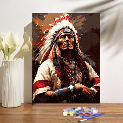 Malen Nach Zahlen Erwachsene Indianer Malen Nach Zahlen Mann Paint by Numbers DIY Handgemalt Ölgemälde Leinwand Bastelset Kit mit Pinseln und Acrylfarben,Zimmer Deko Geschenk 50x70cm Mit Rahmen M-1248 von Anmiong