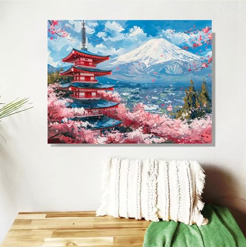 Malen Nach Zahlen Erwachsene Japan Malen Nach Zahlen Landschaft Paint by Numbers DIY Handgemalt Ölgemälde Leinwand Bastelset Kit mit Pinseln Acrylfarben,Zimmer Deko Geschenk 50x70cm Mit Rahmen M-495 von Anmiong