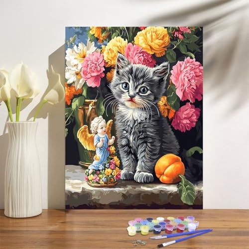 Malen Nach Zahlen Erwachsene Katze Malen Nach Zahlen Blume Paint by Numbers für Anfänger,DIY Handgemalt Ölgemälde Leinwand Kit mit Pinseln Acrylfarben Bastelset,Home Wand Dekor Geschenk 30x40cm M-1044 von Anmiong