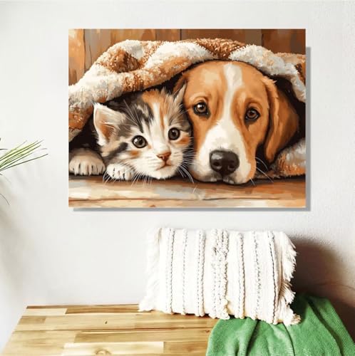 Malen Nach Zahlen Erwachsene Katze Malen Nach Zahlen Hund Paint by Numbers DIY Handgemalt Ölgemälde Leinwand Bastelset Kit mit 3-Pinseln und Acrylfarben, Zimmer Deko Geschenk 50x70cm Mit Rahmen M-384 von Anmiong