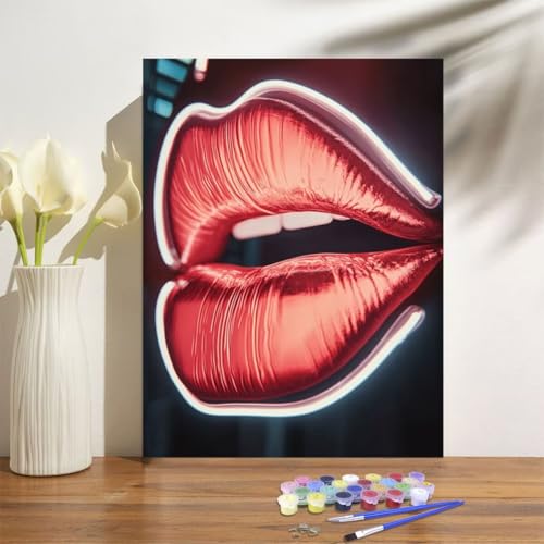 Malen Nach Zahlen Erwachsene Lippen Malen Nach Zahlen sexy Paint by Numbers DIY Handgemalt Ölgemälde Leinwand Bastelset Kit mit 3-Pinseln und Acrylfarben,Zimmer Deko Geschenk 50x70cm Mit Rahmen M-1270 von Anmiong