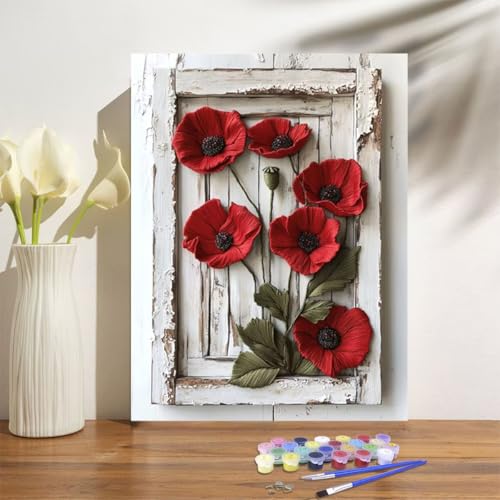 Malen Nach Zahlen Erwachsene Mohn Malen Nach Zahlen Blume Paint by Numbers DIY Handgemalt Ölgemälde Leinwand Bastelset Kit mit 3-Pinseln und Acrylfarben, Zimmer Deko Geschenk 50x70cm Mit Rahmen M-1250 von Anmiong