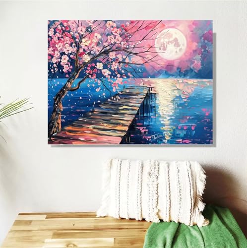 Malen Nach Zahlen Erwachsene Mond Malen Nach Zahlen Kirschblüten Paint by Numbers DIY Handgemalt Ölgemälde Leinwand Bastelset Kit mit Pinseln Acrylfarben,Zimmer Deko Geschenk 50x70cm Mit Rahmen M-604 von Anmiong