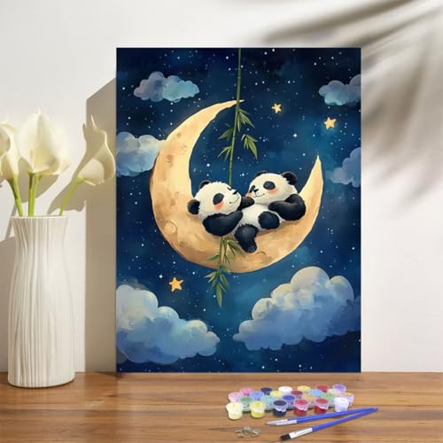 Malen Nach Zahlen Erwachsene Mond Malen Nach Zahlen Panda Paint by Numbers DIY Handgemalt Ölgemälde Leinwand Bastelset Kit mit 3-Pinseln und Acrylfarben, Zimmer Deko Geschenk 50x70cm Mit Rahmen M-1257 von Anmiong