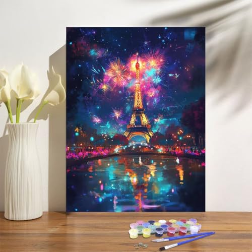 Malen Nach Zahlen Erwachsene Paris Malen Nach Zahlen Eisenturm Paint by Numbers DIY Handgemalt Ölgemälde Leinwand Bastelset Kit mit Pinseln Acrylfarben,Zimmer Deko Geschenk 50x70cm Mit Rahmen M-615 von Anmiong