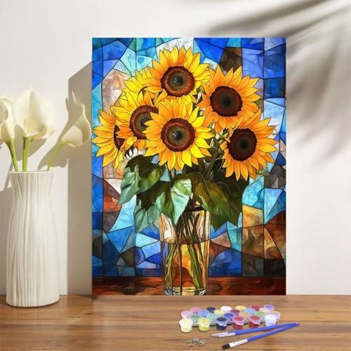 Malen Nach Zahlen Erwachsene Sonnenblume Malen Nach Zahlen Blume Paint by Numbers DIY Handgemalt Ölgemälde Leinwand Bastelset Kit mit Pinseln Acrylfarben,Zimmer Deko Geschenk 50x70cm Mit Rahmen M-1229 von Anmiong