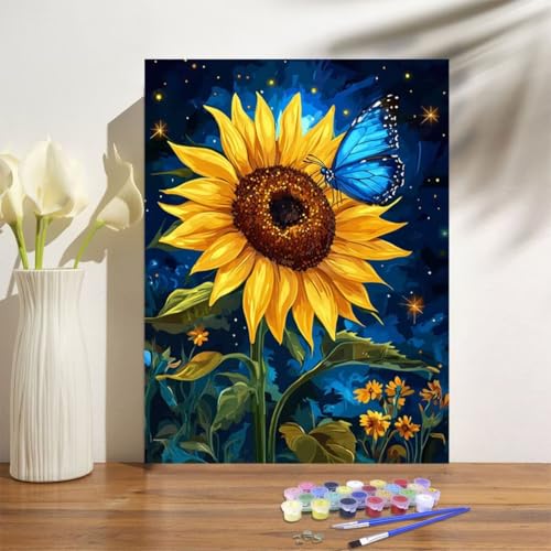 Malen Nach Zahlen Erwachsene Sonnenblume Malen Nach Zahlen Sternenhimmel Paint by Numbers Handgemalt Ölgemälde Leinwand Bastelset Kit mit Pinseln Acrylfarben,Zimmer Deko Gift 50x70cm Mit Rahmen M-1230 von Anmiong