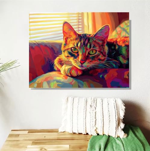 Malen Nach Zahlen Erwachsene Tier Malen Nach Zahlen Katze Paint by Numbers DIY Handgemalt Ölgemälde Leinwand Bastelset Kit mit 3-Pinseln und Acrylfarben, Zimmer Deko Geschenk 50x70cm Mit Rahmen M-104 von Anmiong