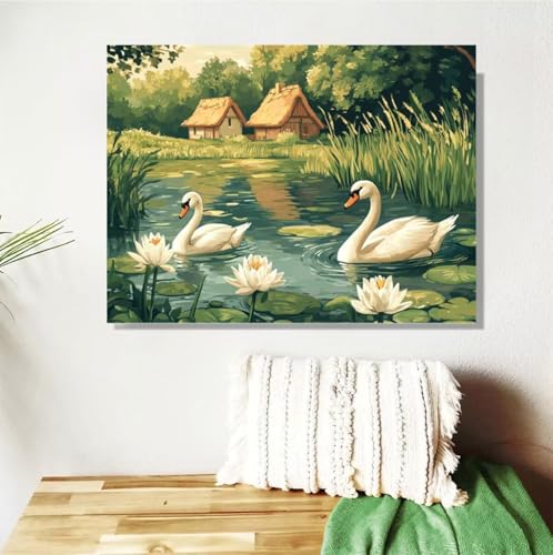 Malen Nach Zahlen Erwachsene Tier Malen Nach Zahlen Schwan Paint by Numbers DIY Handgemalt Ölgemälde Leinwand Bastelset Kit mit 3-Pinseln und Acrylfarben, Zimmer Deko Geschenk 50x70cm Mit Rahmen M-117 von Anmiong