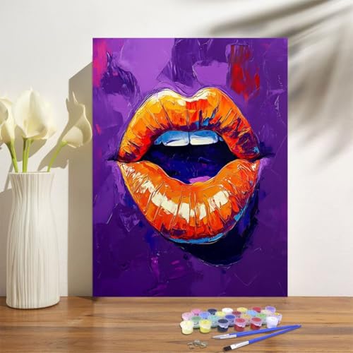 Malen Nach Zahlen Erwachsene sexy Malen Nach Zahlen Lippen Paint by Numbers DIY Handgemalt Ölgemälde Leinwand Bastelset Kit mit 3-Pinseln und Acrylfarben,Zimmer Deko Geschenk 50x70cm Mit Rahmen M-1234 von Anmiong