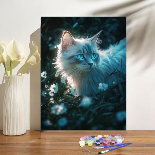 Malen Nach Zahlen ab 7 8 9 Jahre Mädchen,Katze Malen Nach Zahlen Erwachsene Kinder und Anfänger,20x30cm Malen-Nach-Zahlen Blume Faltenfreie Leinwand Ölgemälde Kit,Kreatives Geschenk Mit Rahmen M-1046 von Anmiong