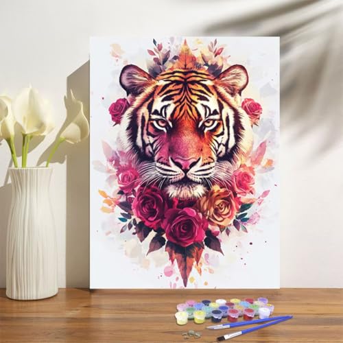 Malen Nach Zahlen ab 7 8 9 Jahre Mädchen,Rosen Malen Nach Zahlen Erwachsene Kinder und Anfänger,20x30cm Malen-Nach-Zahlen Tiger Faltenfreie Leinwand Ölgemälde Kit,Kreatives Geschenk Mit Rahmen M-1067 von Anmiong