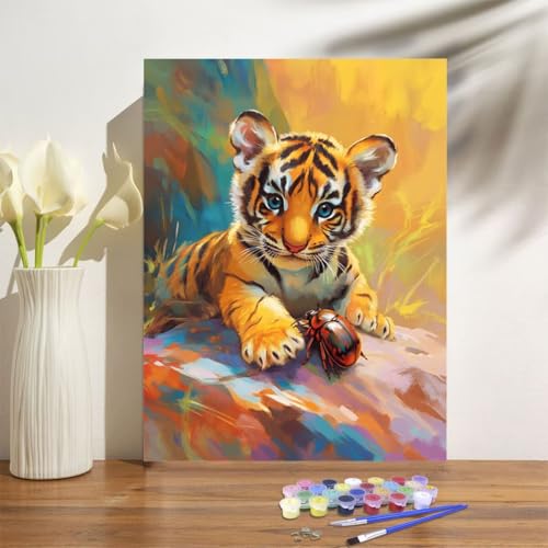 Malen Nach Zahlen ab 7 8 9 Jahre Mädchen,Tiger Malen Nach Zahlen Erwachsene Kinder Anfänger,20x30cm Malen-Nach-Zahlen Niedlich Faltenfreie Leinwand Ölgemälde Kit,Kreatives Geschenk Mit Rahmen M-1005 von Anmiong