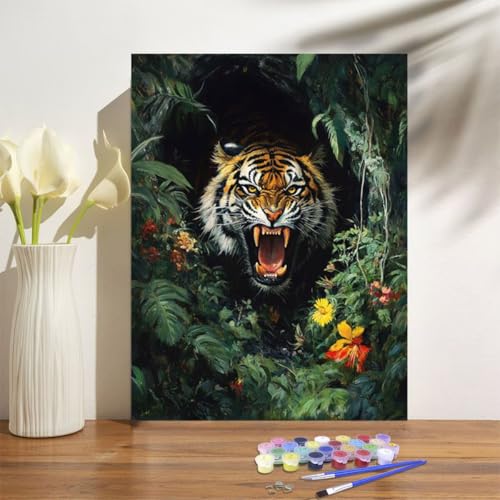 Malen Nach Zahlen ab 7 8 9 Jahre Mädchen,Tiger Malen Nach Zahlen Erwachsene Kinder und Anfänger,20x30cm Malen-Nach-Zahlen Wald Faltenfreie Leinwand Ölgemälde Kit,kreatives Geschenk (Mit Rahmen) M-1006 von Anmiong