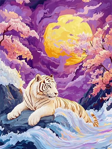 Tiger Malen Nach Zahlen Erwachsene Groß 30x40cm, Malen Nach Zahlen Mond, Kreativ Set für Erwachsene, DIY Handgemalt Ölgemälde Leinwand Kit mit 3 Set Pinseln Acrylfarben, Home Wand Dekor, Rahmenlos von Anmiong