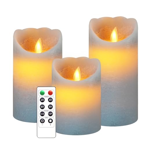 AnnSpa 3 Set Grau LED Kerzen Batteriebetriebene mit Fernbedienung，Flammenlose Echtes Wachs Flackern Moving Wick Flackern Amber Yellow Light Pillar Candles ，Unscented Wachs für Geschenk und Dekoration von AnnSpa