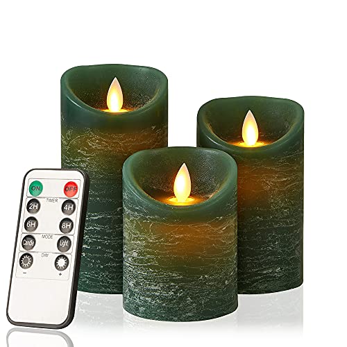 AnnSpa 3 Set Grün LED Kerzen Batteriebetriebene mit Fernbedienung，Flammenlose Echtes Wachs Flackern Moving Wick Flackern Amber Yellow Light Pillar Candles，Unscented Wachs für Geschenk/Dekoration von AnnSpa