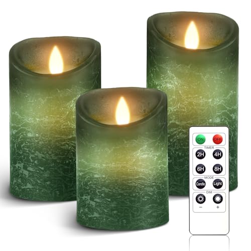 AnnSpa 3 Set Grün LED Kerzen Batteriebetriebene mit Fernbedienung，Flammenlose Echtes Wachs Flackern Moving Wick Flackern Amber Yellow Light Pillar Candles，Unscented Wachs für Geschenk/Dekoration von AnnSpa