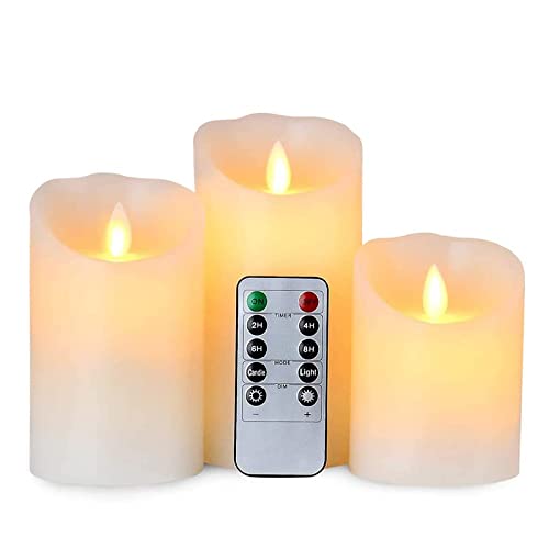 AnnSpa 3 Set LED Kerzen Batteriebetriebene mit Fernbedienung Flammenlose Echtes Wachs Flackern Moving Wick Flackern Amber Yellow Light Pillar Candles, Unscented Wachs [Energieklasse G] von AnnSpa