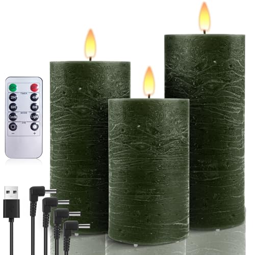 AnnSpa 3 Set Led Kerzen Aufladbar mit 10-Tasten Fernbedienung, Wasserdichte Wiederaufladbare Kerzen Flammenlose Echtes Wachs Flackern Wick Yellow Light Pillar Candles mit Timerfunction - Grün von AnnSpa