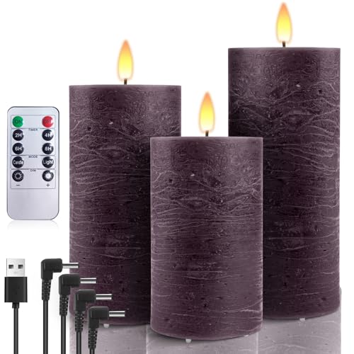 AnnSpa 3 Set Led Kerzen Aufladbar mit 10-Tasten Fernbedienung, Wasserdichte Wiederaufladbare Kerzen Flammenlose Echtes Wachs Flackern Wick Yellow Light Pillar Candles mit Timerfunction - Lila von AnnSpa