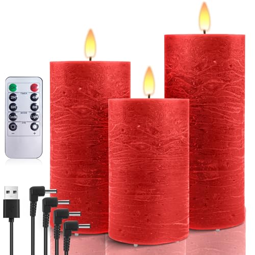 AnnSpa 3 Set Led Kerzen Aufladbar mit 10-Tasten Fernbedienung, Wasserdichte Wiederaufladbare Kerzen Flammenlose Echtes Wachs Flackern Wick Yellow Light Pillar Candles mit Timerfunction - Rot von AnnSpa