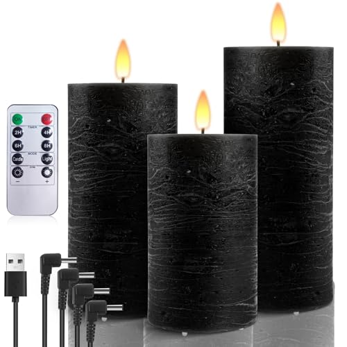 AnnSpa 3 Set Led Kerzen Aufladbar mit 10-Tasten Fernbedienung, Wasserdichte Wiederaufladbare Kerzen Flammenlose Echtes Wachs Flackern Wick Yellow Light Pillar Candles mit Timerfunction - Schwarz von AnnSpa