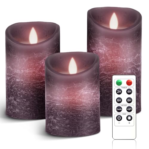 AnnSpa 3 Set Lila LED Kerzen Batteriebetriebene mit Fernbedienung，Flammenlose Echtes Wachs Flackern Moving Wick Flackern Amber Yellow Light Pillar Candles，Unscented Wachs für Geschenk/Dekoration von AnnSpa