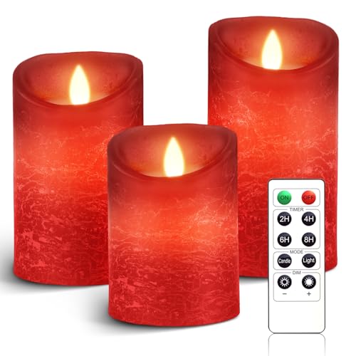 AnnSpa 3 Set Rot LED Kerzen Batteriebetriebene mit Fernbedienung，Flammenlose Echtes Wachs Flackern Moving Wick Flackern Amber Yellow Light Pillar Candles ，Unscented Wachs für Geschenk und Dekoration von AnnSpa