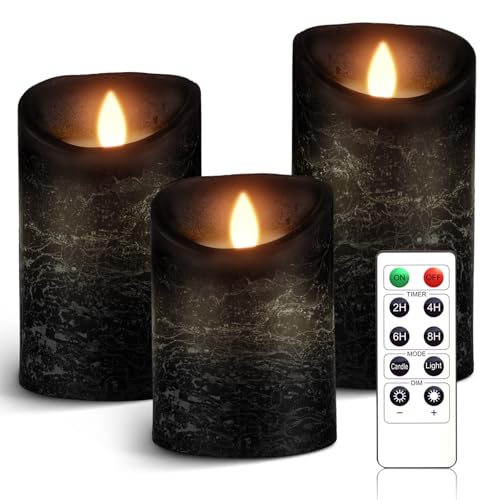 AnnSpa 3 Set Schwarz LED Kerzen Batteriebetriebene mit Fernbedienung，Flammenlose Echtes Wachs Flackern Moving Wick Flackern Amber Yellow Light Pillar Candles，Unscented Wachs für Geschenk/Dekoration von AnnSpa