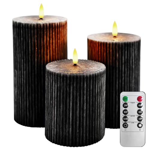 AnnSpa 3 Set Schwarz LED Kerzen Vertikale Streifen Batteriebetriebene mit Fernbedienung，Flammenlose Echtes Wachs Flackern Moving Wick Flackern Amber Yellow Light Pillar Candles，Unscented Wachs von AnnSpa