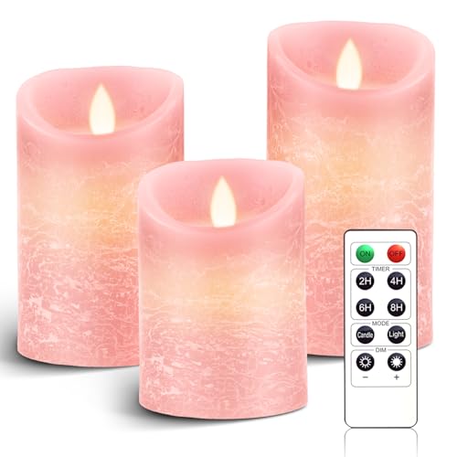 AnnSpa LED Kerzen Batteriebetriebene mit Fernbedienung, 3 Set Flammenlose Echtes Wachs Flackern Moving Wick Flackern Amber Yellow Light Pillar Candles, Unscented Wachs Rosa [Energieklasse G] von AnnSpa