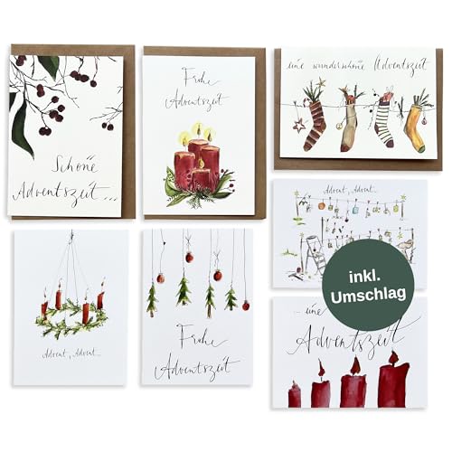 Annelis Art Advents-Karten-Set | 7 Karten (3 Klappkarten, 4 Postkarten) mit Umschlag (Kraftpapier) für die Adventszeit | Advent Karte für Mann, Frau, Kinder | DIN A6 (10,5 x 14,8 cm) von Annelis Art