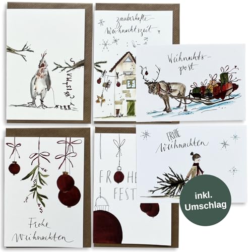 Weihnachtskarten Set | 4 Klappkarten DIN A6 mit braunem Umschlag | 2 Postkarten DIN A6 | zauberhafte handgemalte Motive | Aquarellkarten mit Handletterin von Annelis Art