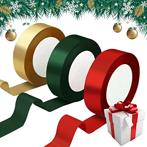 Annhao Geschenkband Weihnachten, 25mm x 69M Schleifenband Weihnachten 3 Rollen Satinband Rot Dunkelgrün Gold zum Basteln Geschenkverpackung, Dekoband für Weihnachten Geschenk Hochzeit Geburtstag Party von Annhao