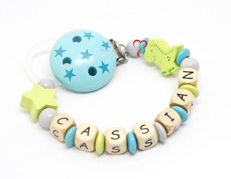 Schnullerkette Mit Namen Junge Personalisiert Dino Stern Geburt Taufe Babygeschenk Babyparty von AnniLieblingsstuecke