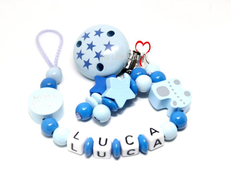 Schnullerkette Mit Namen Junge Personalisiert Prinz Stern Lok Geburt Taufe Babygeschenk Babyparty von AnniLieblingsstuecke