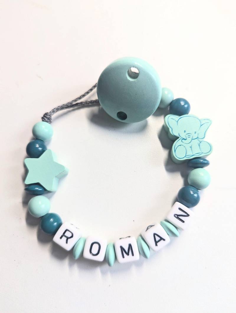 Schnullerkette Mit Namen Junge Personalisiert Stern Elefant Mint Geburt Taufe Babygeschenk Babyparty von AnniLieblingsstuecke