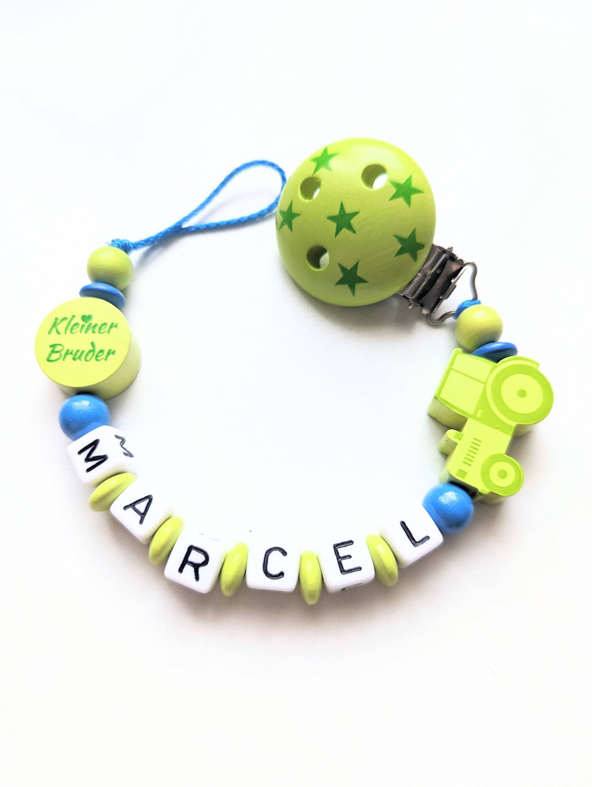 Schnullerkette Mit Namen Junge Personalisiert Traktor Kleiner Bruder Geburt Taufe Babygeschenk Babyparty von AnniLieblingsstuecke