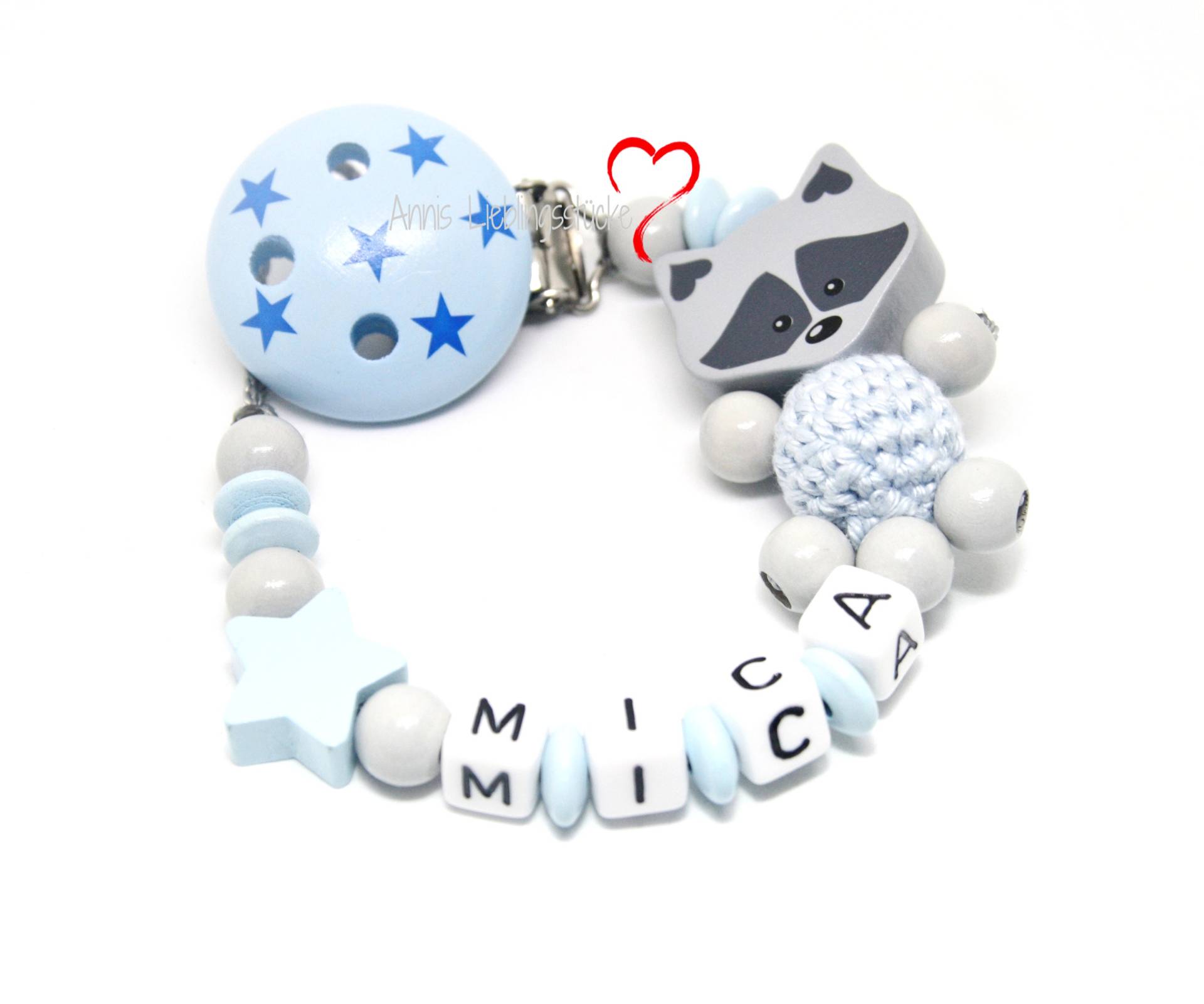 Schnullerkette Mit Namen Junge Personalisiert Waschbär Hellblau Hellgrau Geburt Taufe Babygeschenk Babyparty von AnniLieblingsstuecke